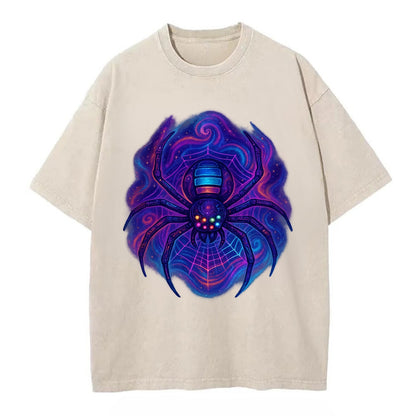 Tech spider with legs showing circuit board patterns, web glowing in neon grid - Vintage T-shirt - Off White