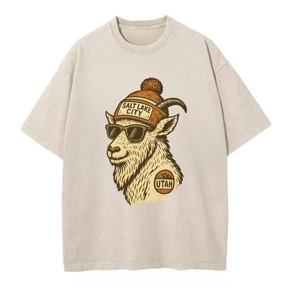 Utah Mountain Goat wearing Salt Lake City beanie with pom pom and wayfarer - Vintage T-shirt - Off White