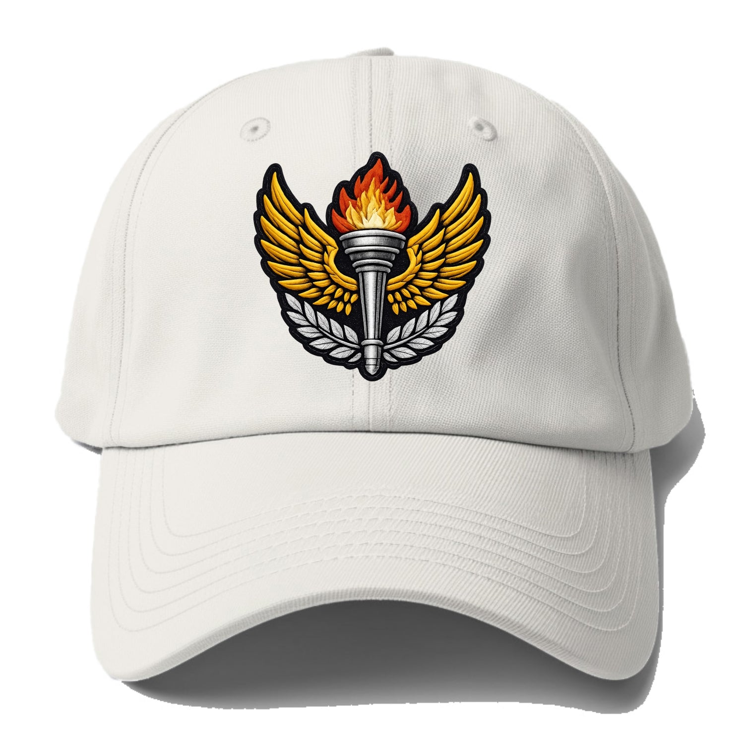 Embroidered patch design - TRACK AND FIELD TORCH - Olympic style torch with wings in - Baseball Cap - Off White