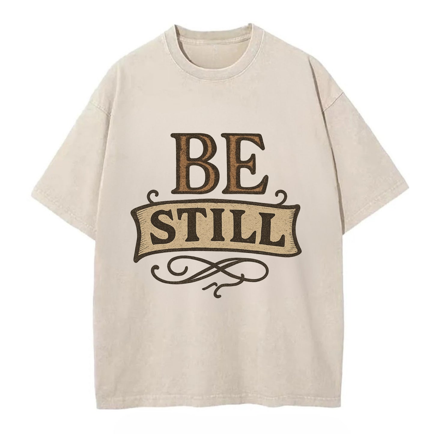 Bold typography design - "BE STILL" - quiet mind, meditation, inner peace - Vintage T-shirt - Off White