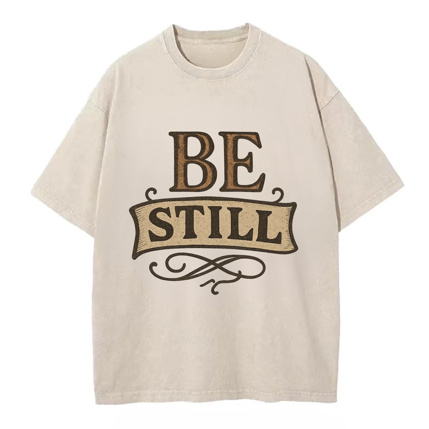 Bold typography design - "BE STILL" - quiet mind, meditation, inner peace - Vintage T-shirt - Off White
