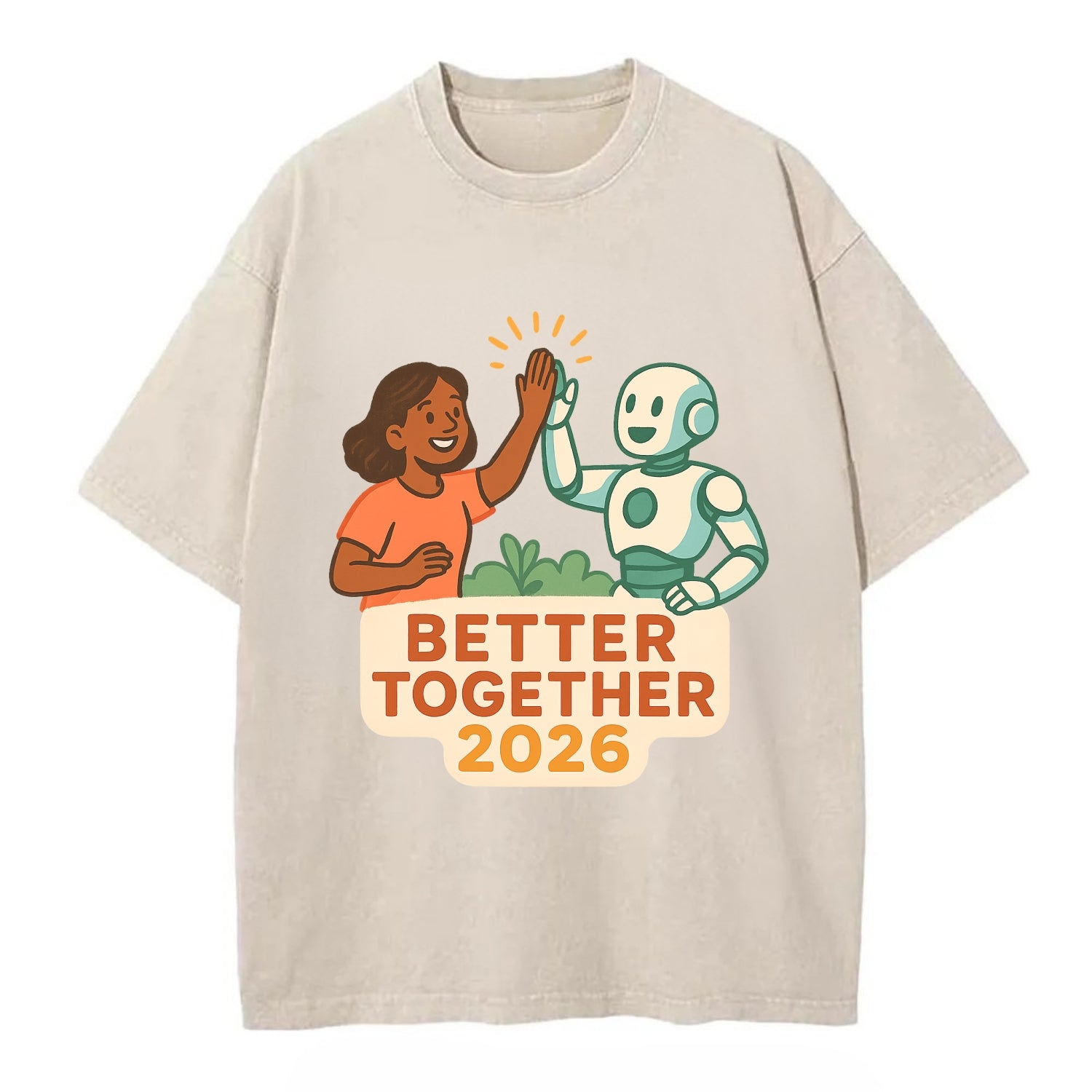 Human and AI robot high-fiving as collaborative partners - "Better Together 2026" - Vintage T-shirt - Off White