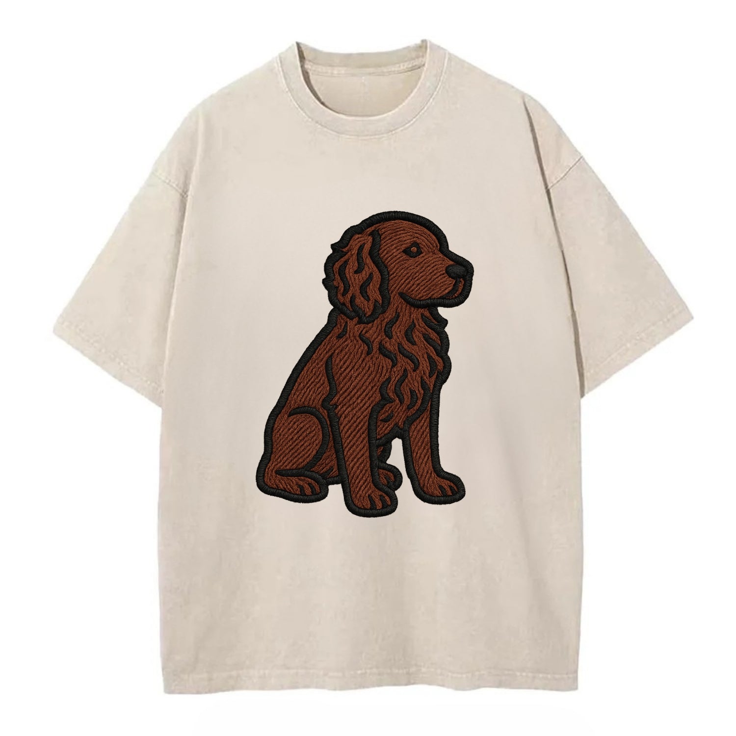 Boykin Spaniel - Rich chocolate brown wavy coat embroidered sitting pose - Vintage T-shirt - Off White