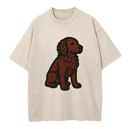 Boykin Spaniel - Rich chocolate brown wavy coat embroidered sitting pose - Vintage T-shirt - Off White
