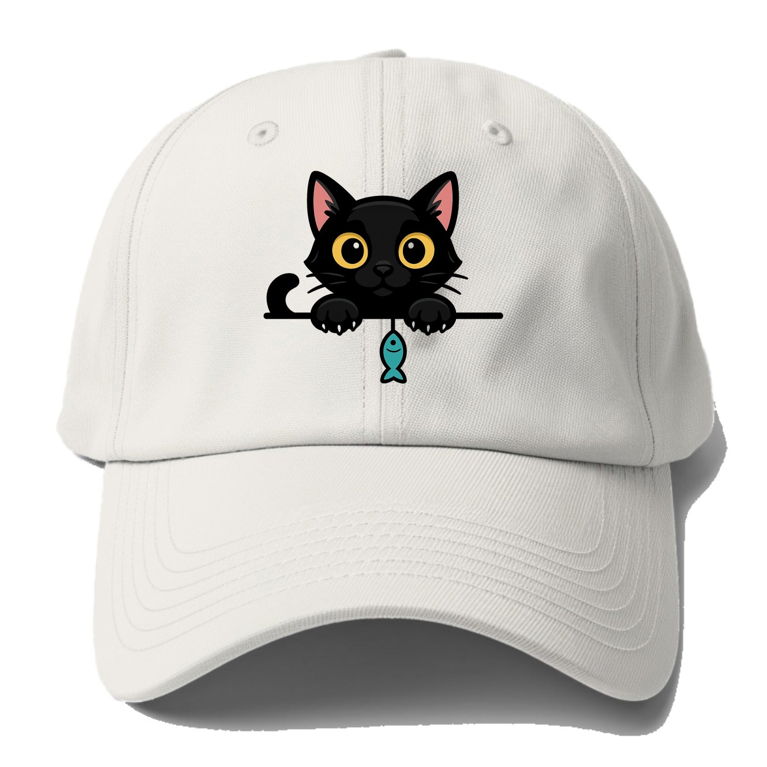 Midnight the black cat holding a tiny yarn ball between both paws while peeking. - Baseball Cap - Off White