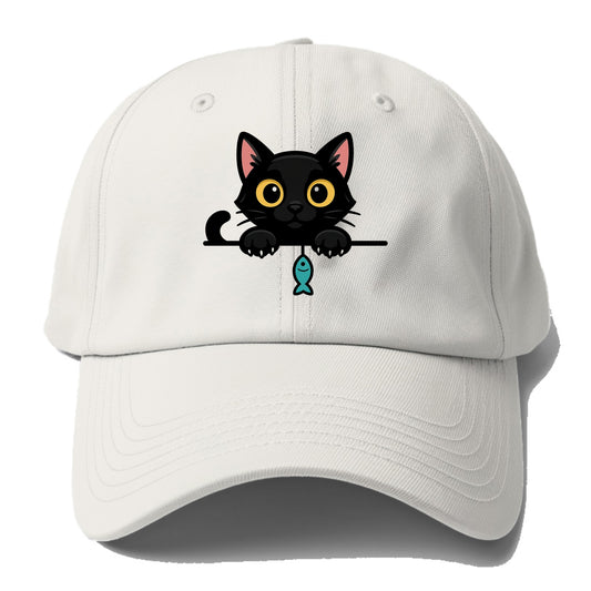 Midnight the black cat holding a tiny yarn ball between both paws while peeking. - Baseball Cap - Off White