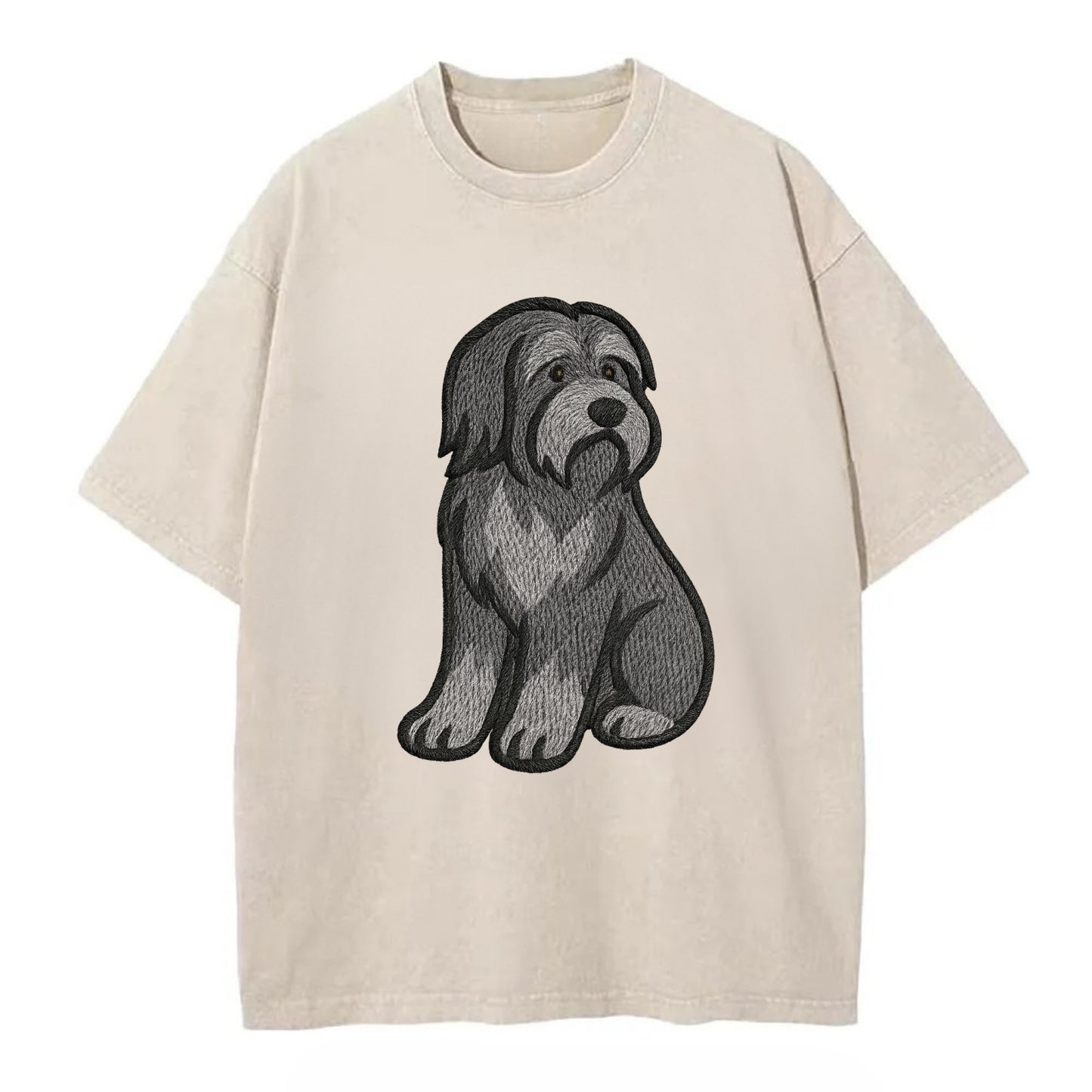 Bearded Collie - Gray shaggy coat embroidered pose - Vintage T-shirt - Off White