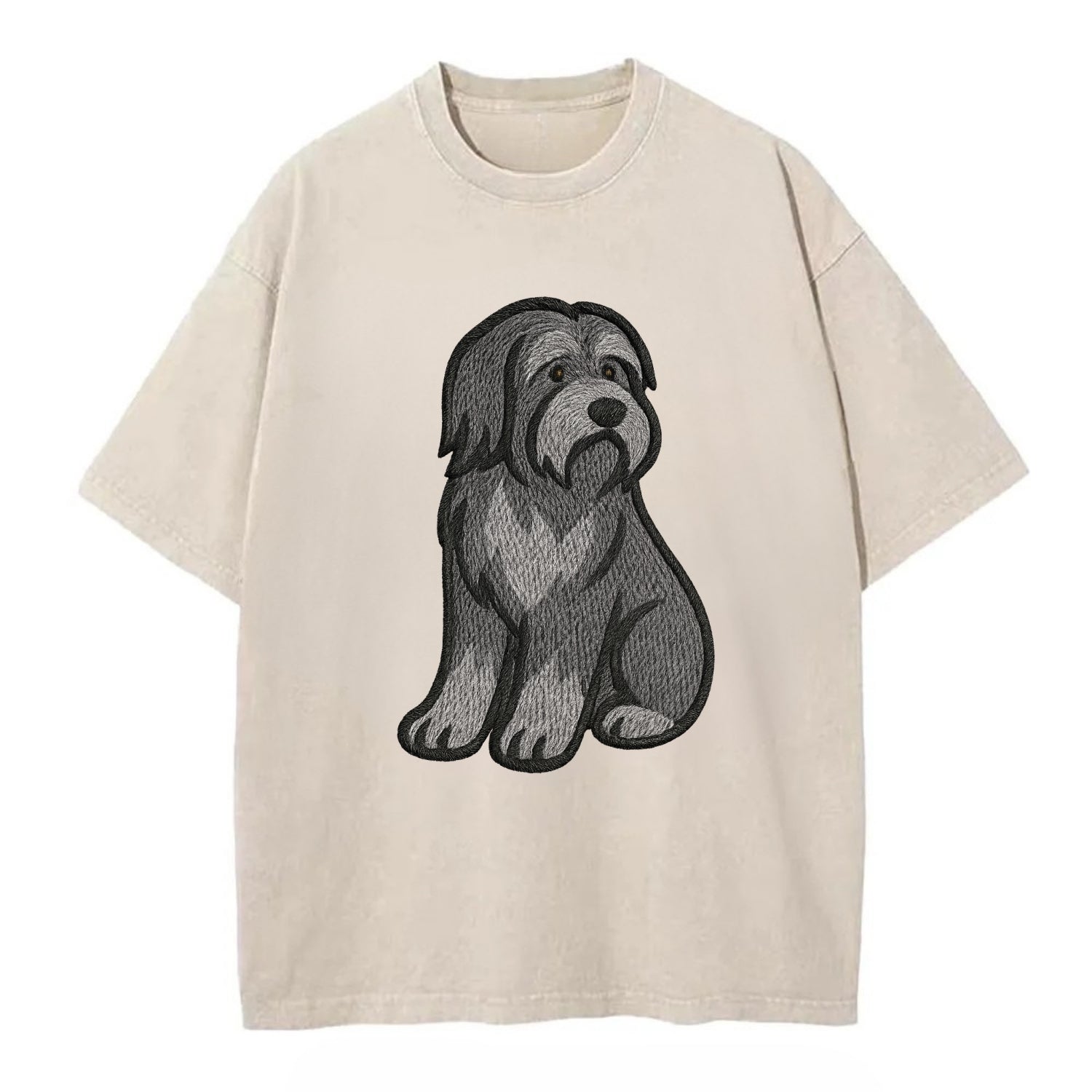 Bearded Collie - Gray shaggy coat embroidered pose - Vintage T-shirt - Off White
