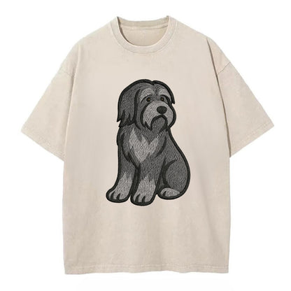 Bearded Collie - Gray shaggy coat embroidered pose - Vintage T-shirt - Off White