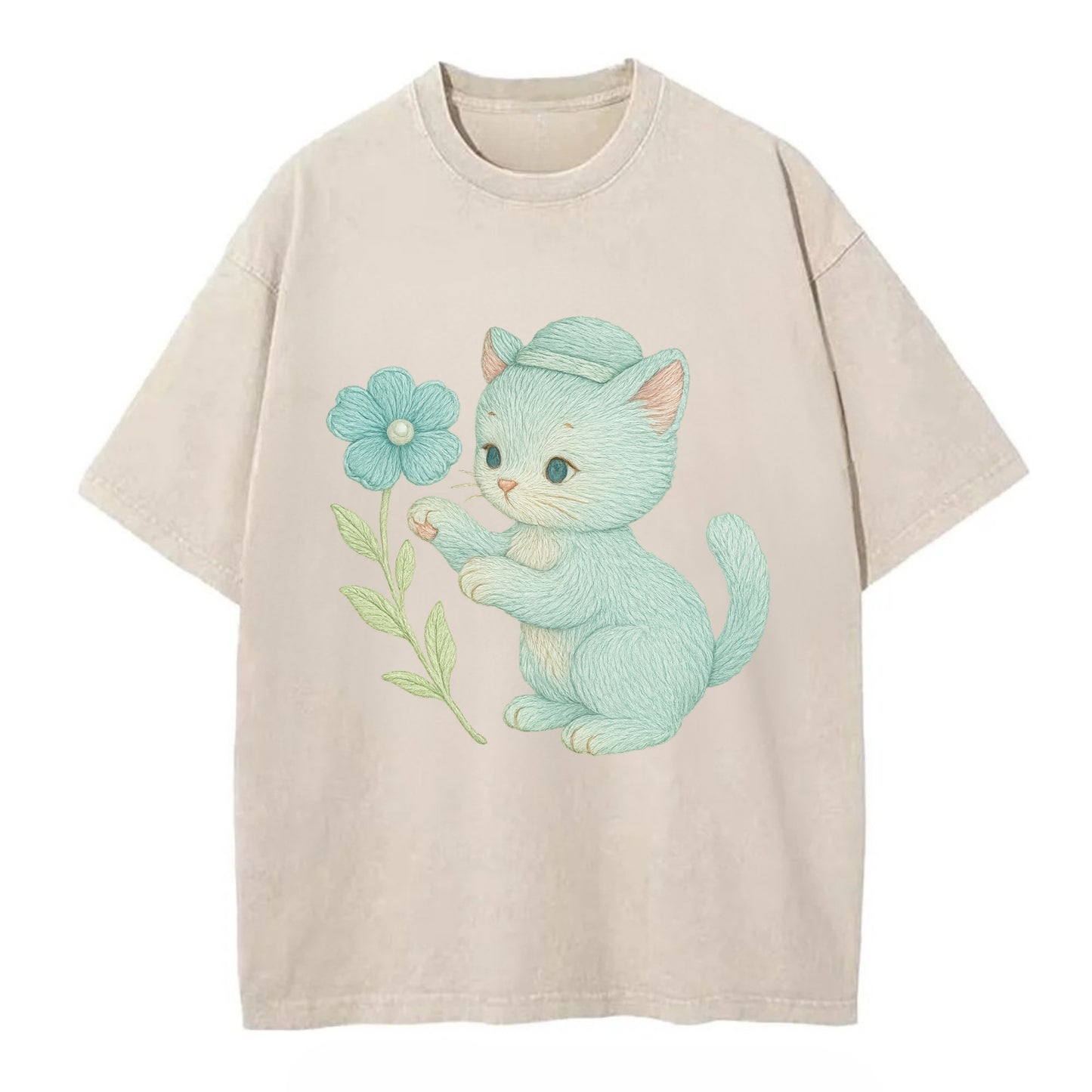 Aqua Kitten - Vintage T-shirt - Off White