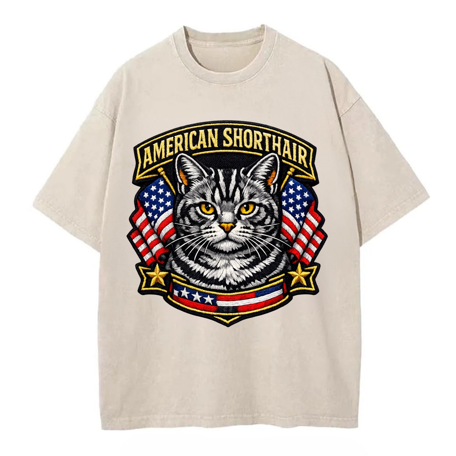 AMERICAN SHORTHAIR - classic american cat in silver tabby , all-American cat - Vintage T-shirt - Off White