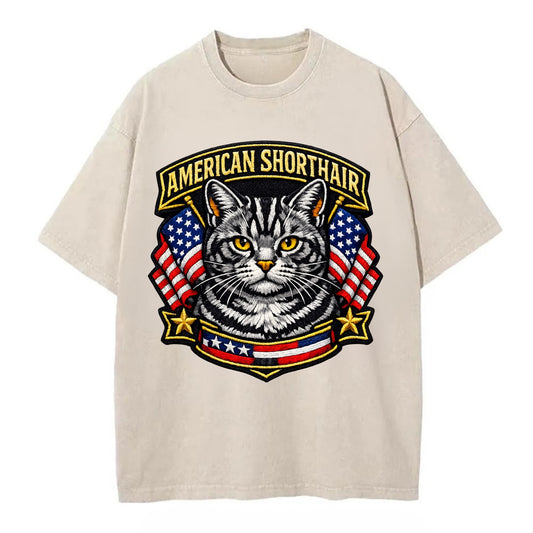 AMERICAN SHORTHAIR - classic american cat in silver tabby , all-American cat - Vintage T-shirt - Off White