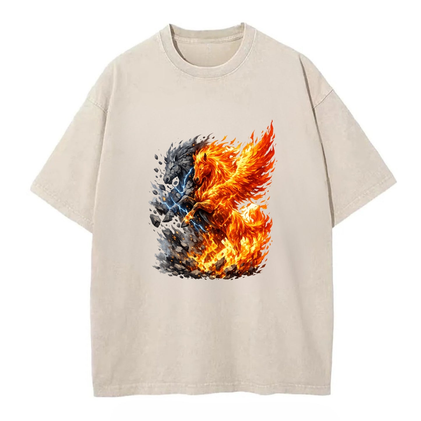 THUNDER FIRE | Horse combining lightning and flame | Electric fire | Storm energy - Vintage T-shirt - Off White