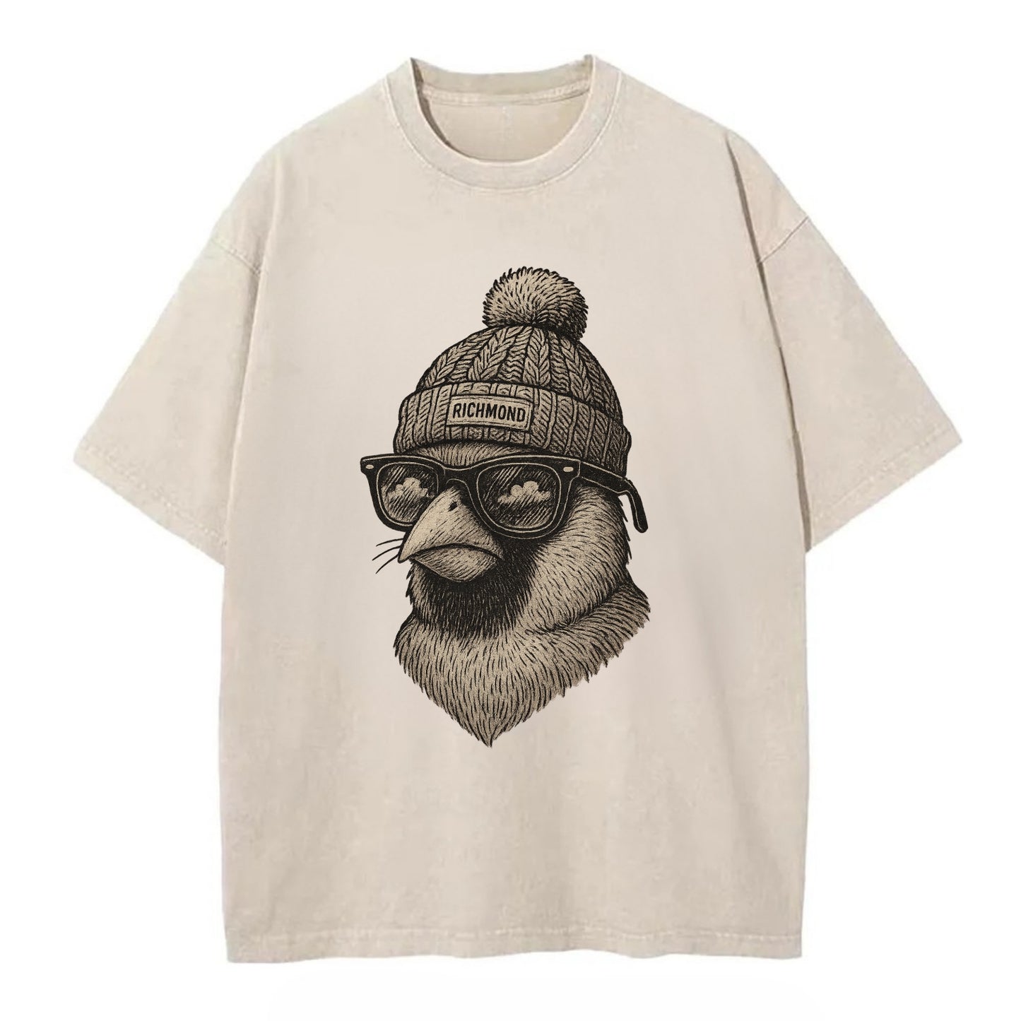 Virginia Cardinal wearing Richmond beanie with pom pom and wayfarer sunglasses - Vintage T-shirt - Off White
