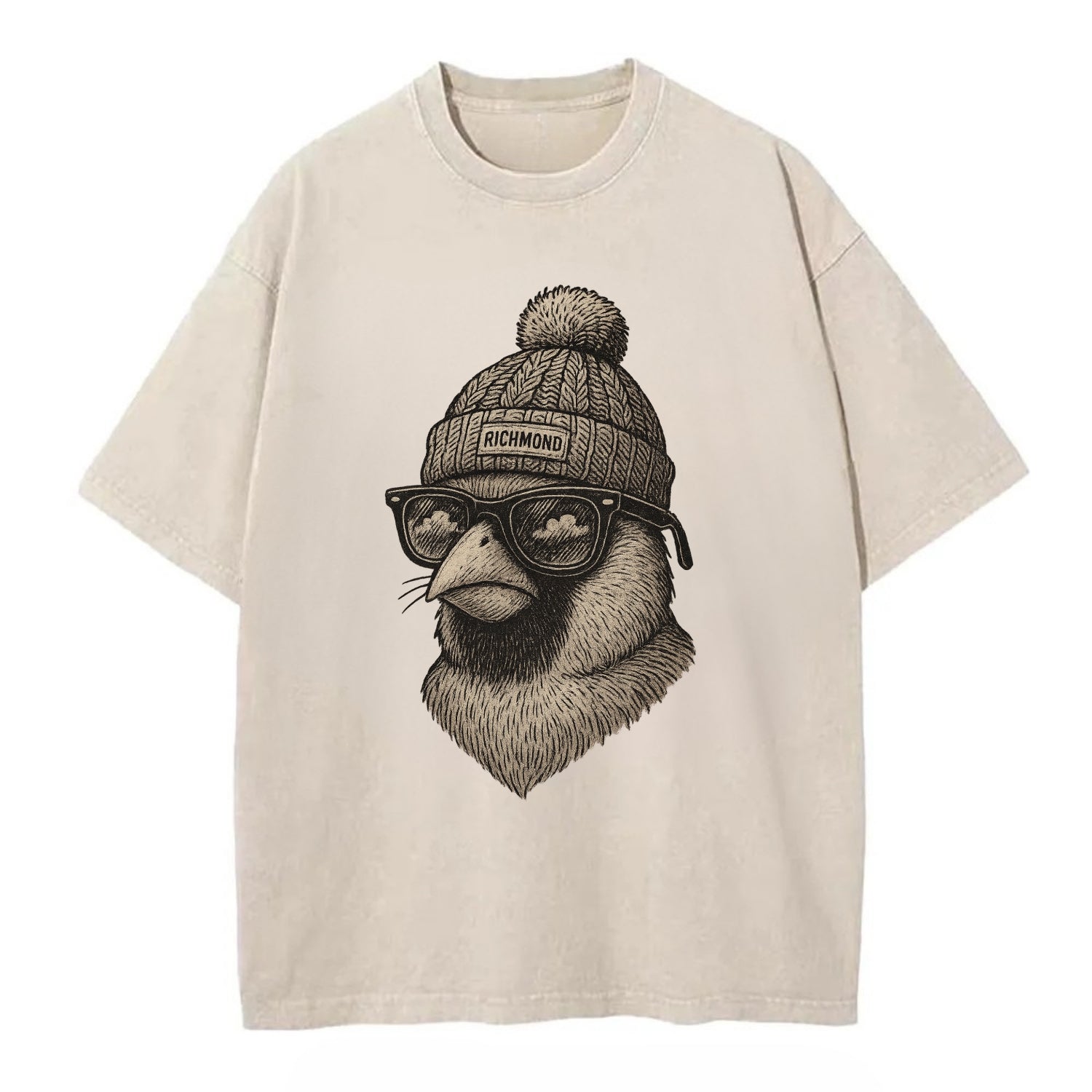 Virginia Cardinal wearing Richmond beanie with pom pom and wayfarer sunglasses - Vintage T-shirt - Off White