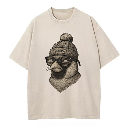 Virginia Cardinal wearing Richmond beanie with pom pom and wayfarer sunglasses - Vintage T-shirt - Off White