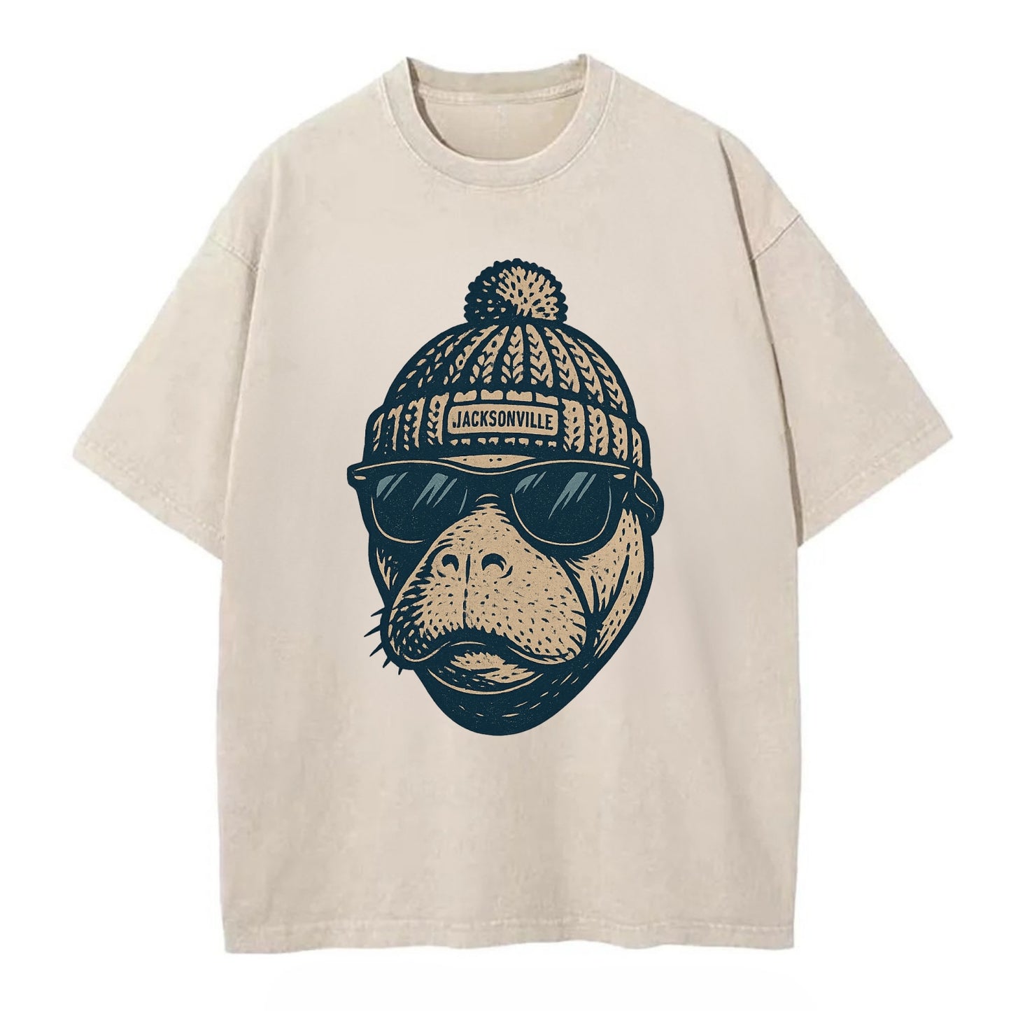 Jacksonville Manatee wearing Jacksonville beanie with pom pom and wayfarer - Vintage T-shirt - Off White