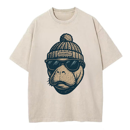 Jacksonville Manatee wearing Jacksonville beanie with pom pom and wayfarer - Vintage T-shirt - Off White