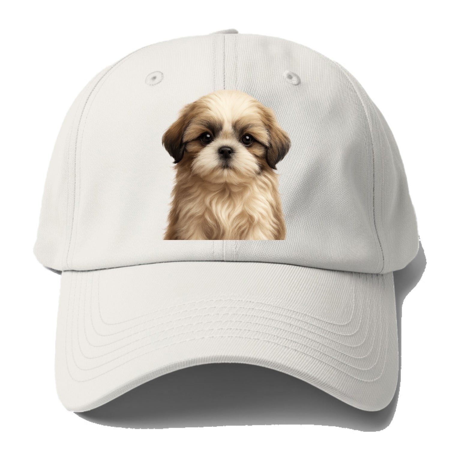 Baby Shih Tzu Puppy - long flowing coat, flat face, big dark eyes, front-facing, - Baseball Cap - Off White