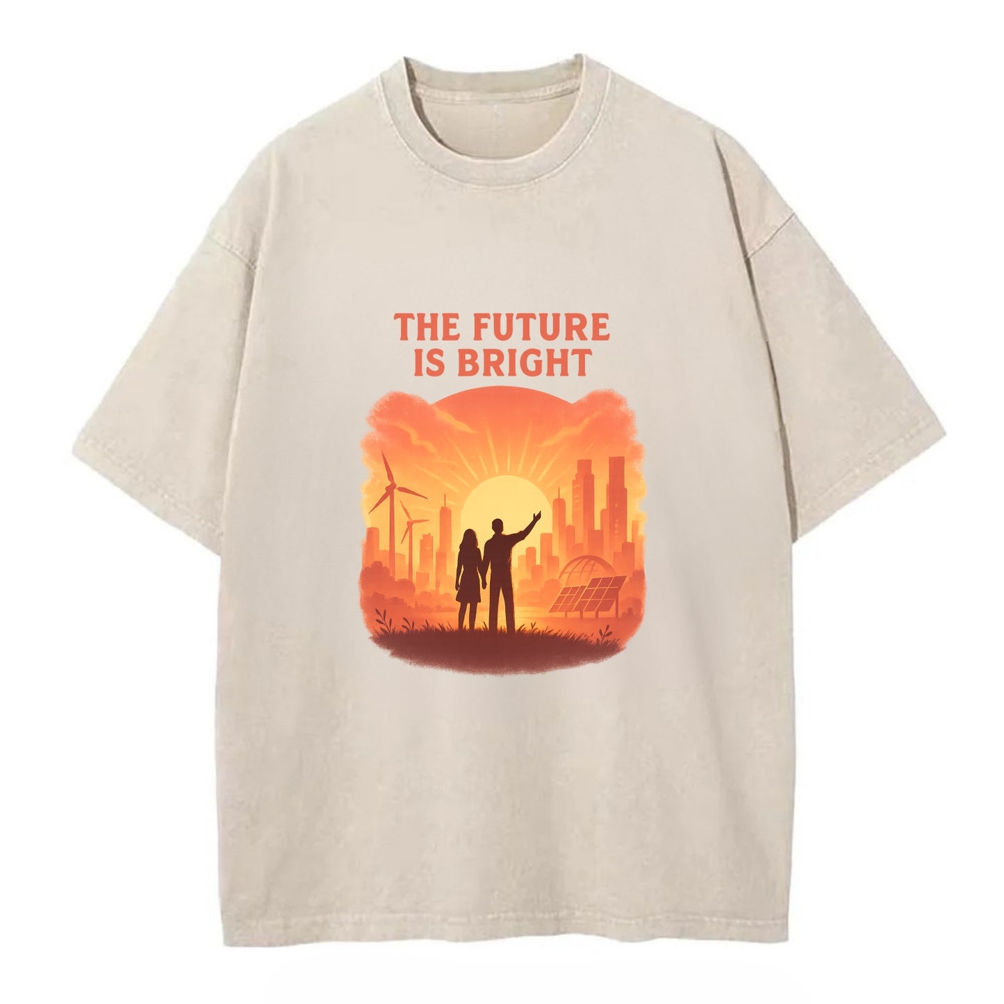 Sunrise over thriving sustainable city - "The Future is Bright" - optimistic - Vintage T-shirt - Off White