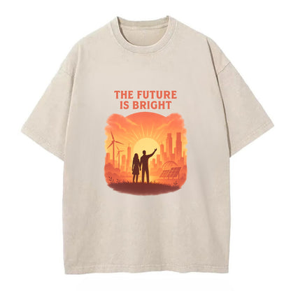 Sunrise over thriving sustainable city - "The Future is Bright" - optimistic - Vintage T-shirt - Off White