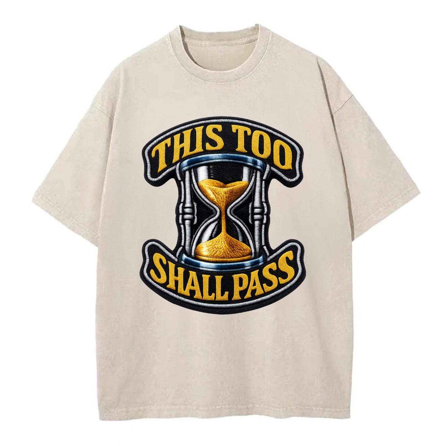 THIS TOO SHALL PASS - hourglass with text in gold , perspective - Vintage T-shirt - Off White