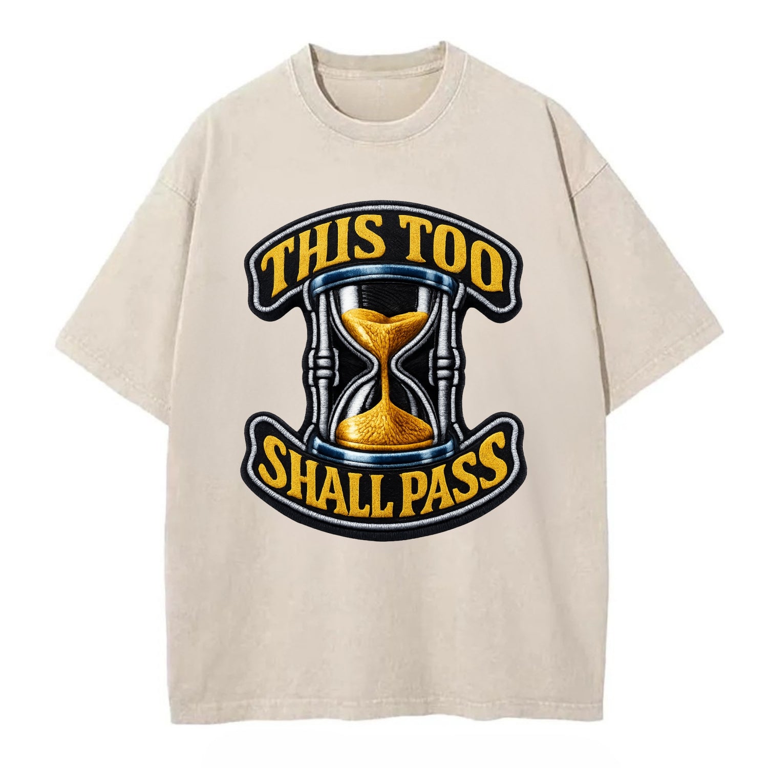 THIS TOO SHALL PASS - hourglass with text in gold , perspective - Vintage T-shirt - Off White