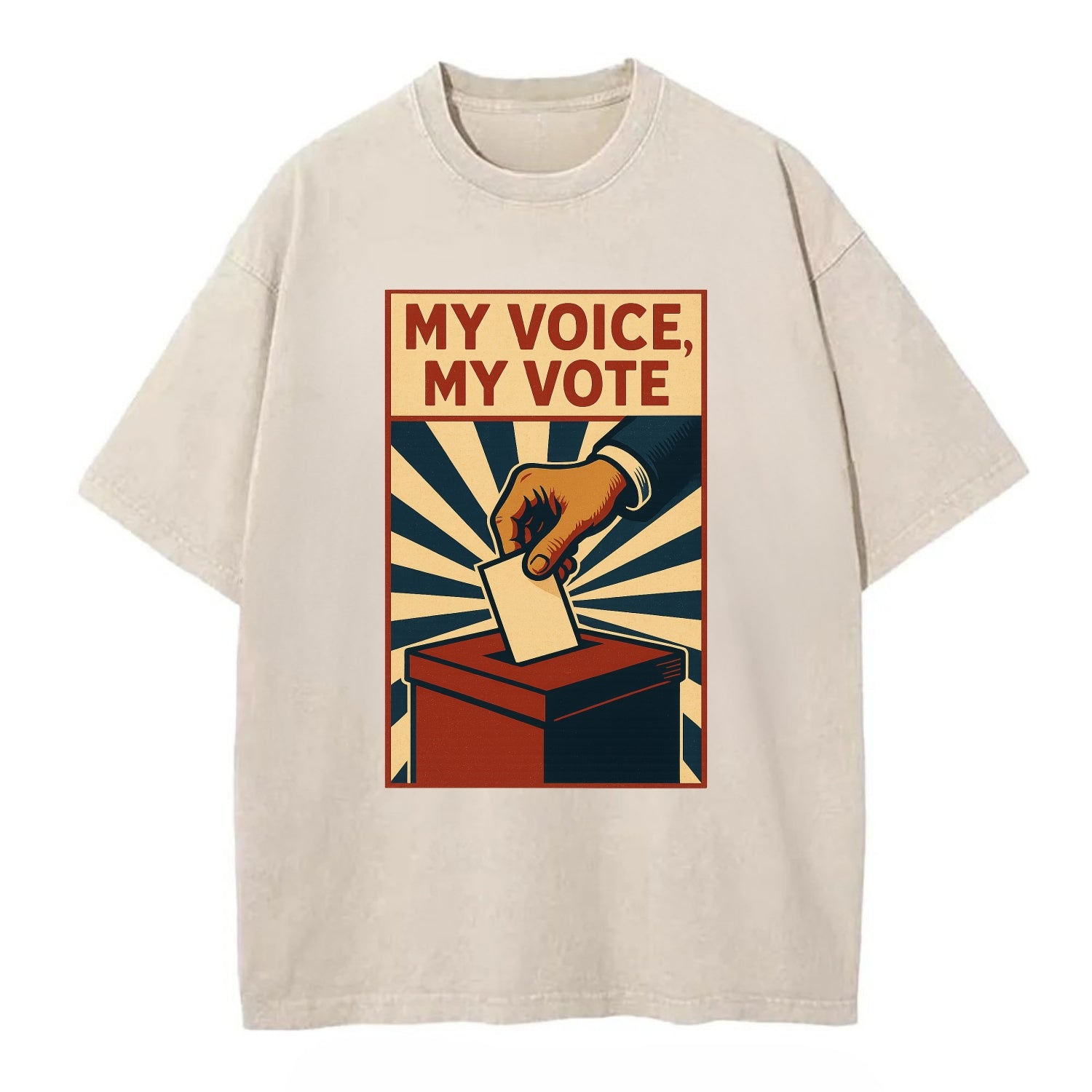 Hand dropping ballot into box with determination - "My Voice, My Vote" - - Vintage T-shirt - Off White