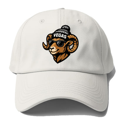 Vegas Desert Bighorn wearing Raiders silver and black beanie with pom pom and - Baseball Cap - Off White