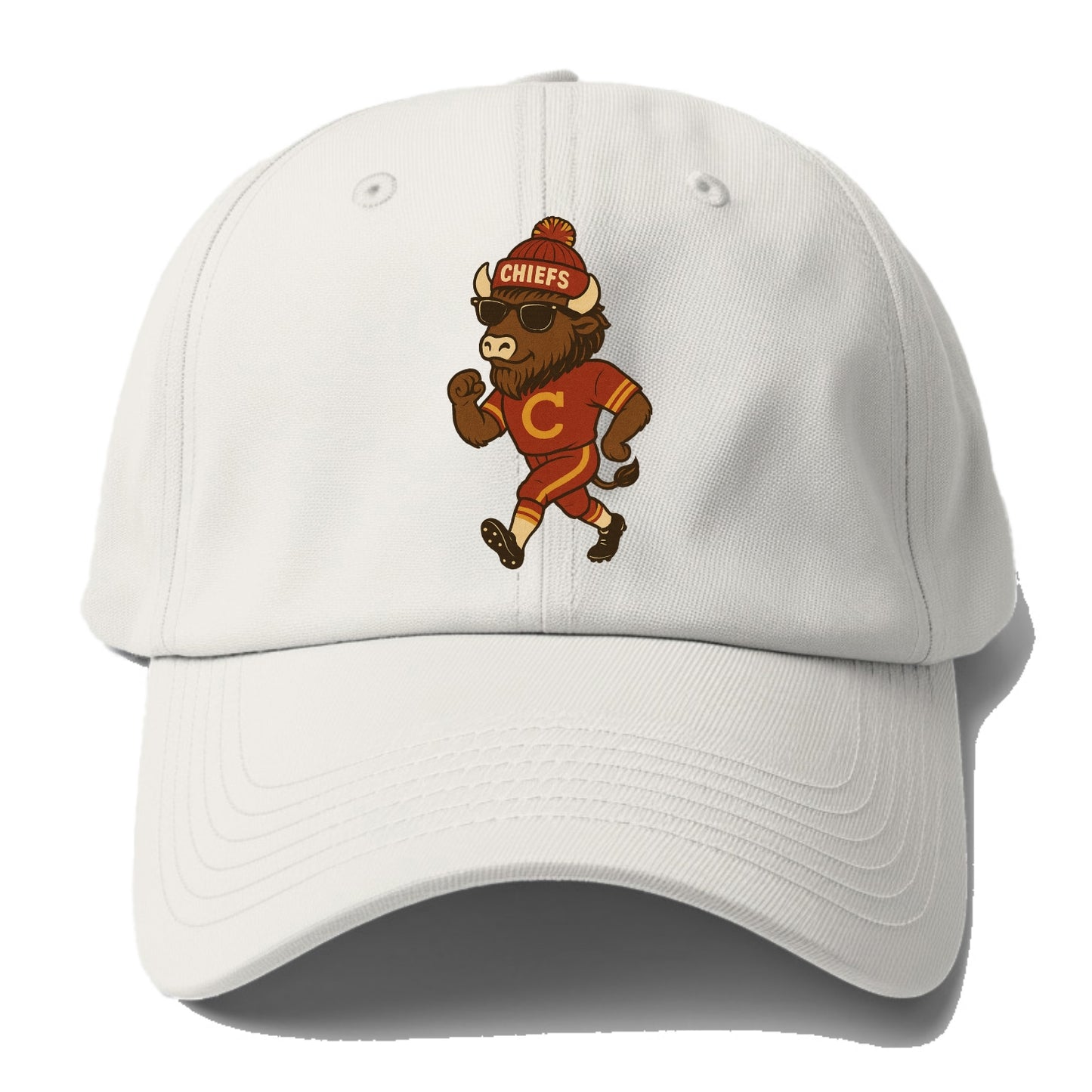 KC Bison wearing Chiefs beanie with arrowhead patch and wayfarer sunglasses - Baseball Cap - Off White