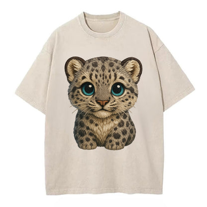 Baby Snow Leopard Cub - gray spotted, thick fur, blue-green eyes, front-facing, - Vintage T-shirt - Off White