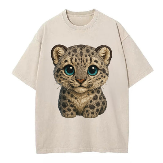 Baby Snow Leopard Cub - gray spotted, thick fur, blue-green eyes, front-facing, - Vintage T-shirt - Off White