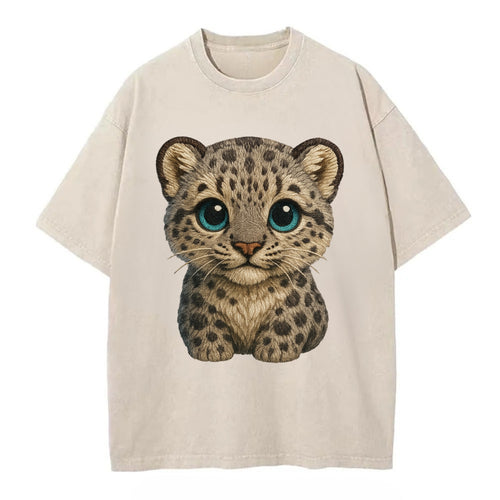 Baby Snow Leopard Cub - gray spotted, thick fur, blue-green eyes, front-facing, - Vintage T-shirt