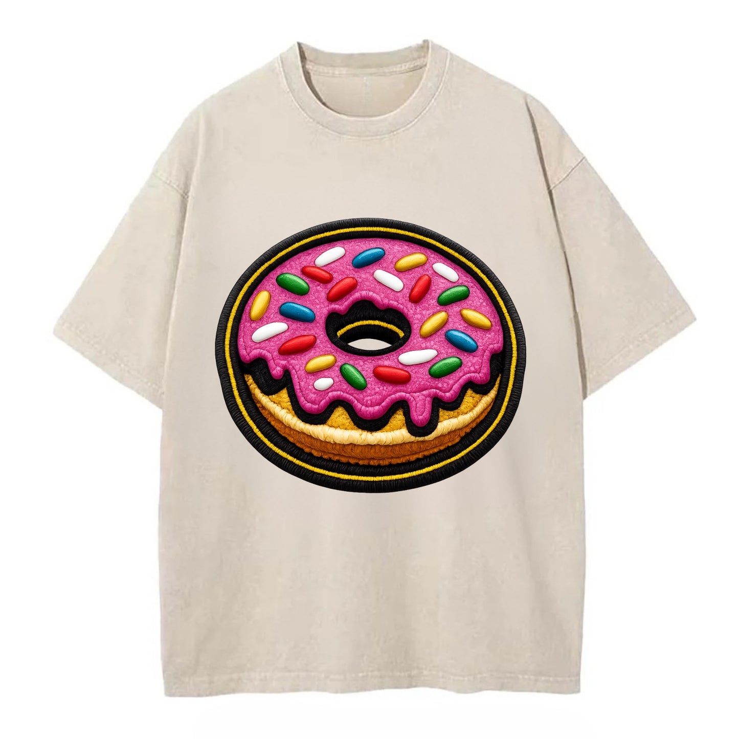 DONUT SPRINKLES - glazed donut with sprinkles in pink and rainbow , sweet treat - Vintage T-shirt - Off White