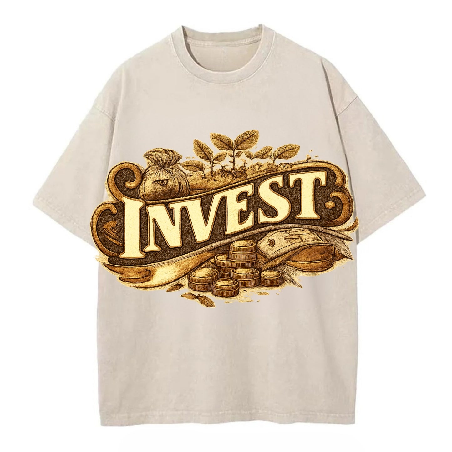 Bold typography design - "INVEST" - growing money, smart decisions - Vintage T-shirt - Off White