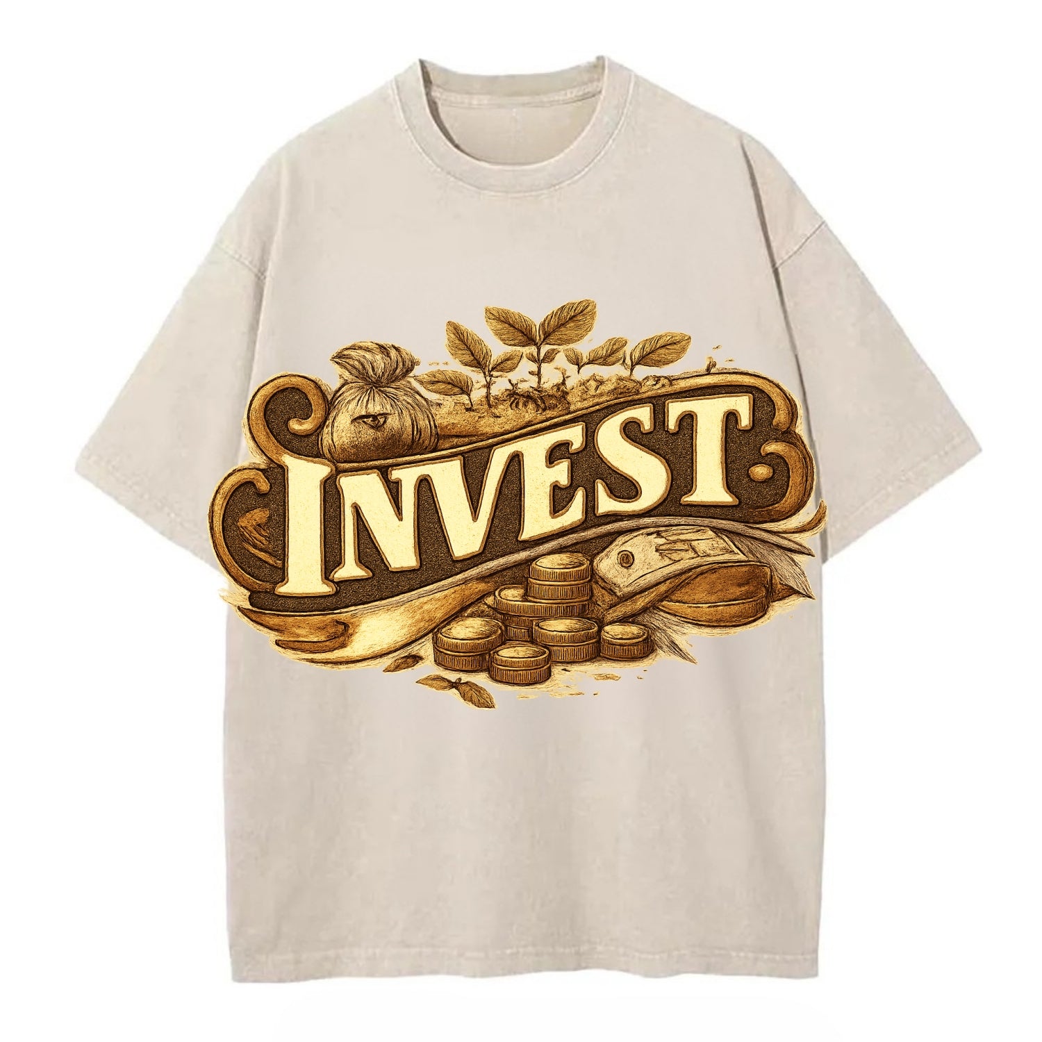 Bold typography design - "INVEST" - growing money, smart decisions - Vintage T-shirt - Off White