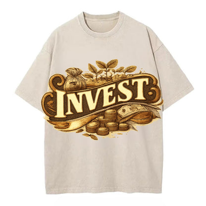 Bold typography design - "INVEST" - growing money, smart decisions - Vintage T-shirt - Off White