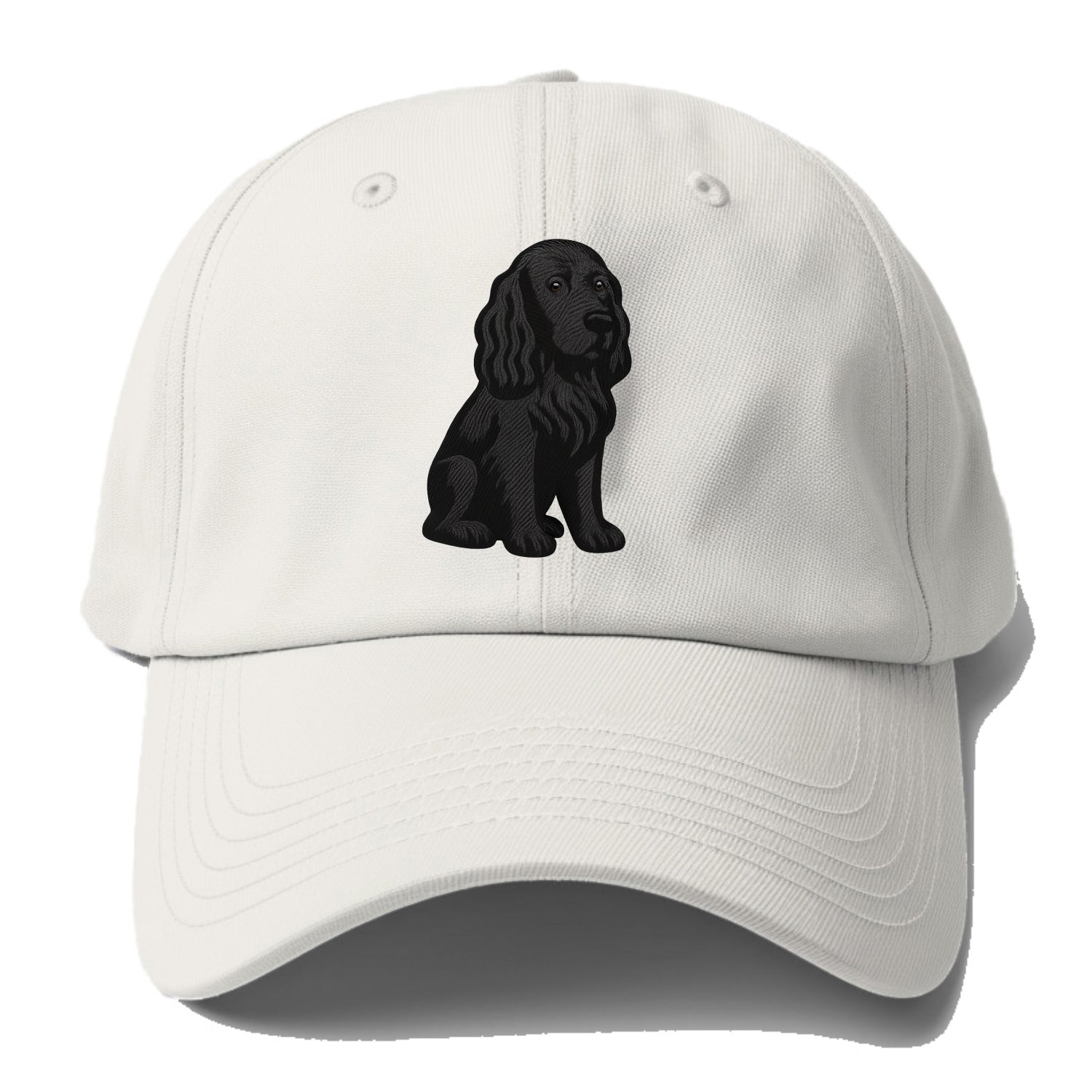 Field Spaniel - Black silky coat embroidered pose - Baseball Cap For Big Heads - Off White