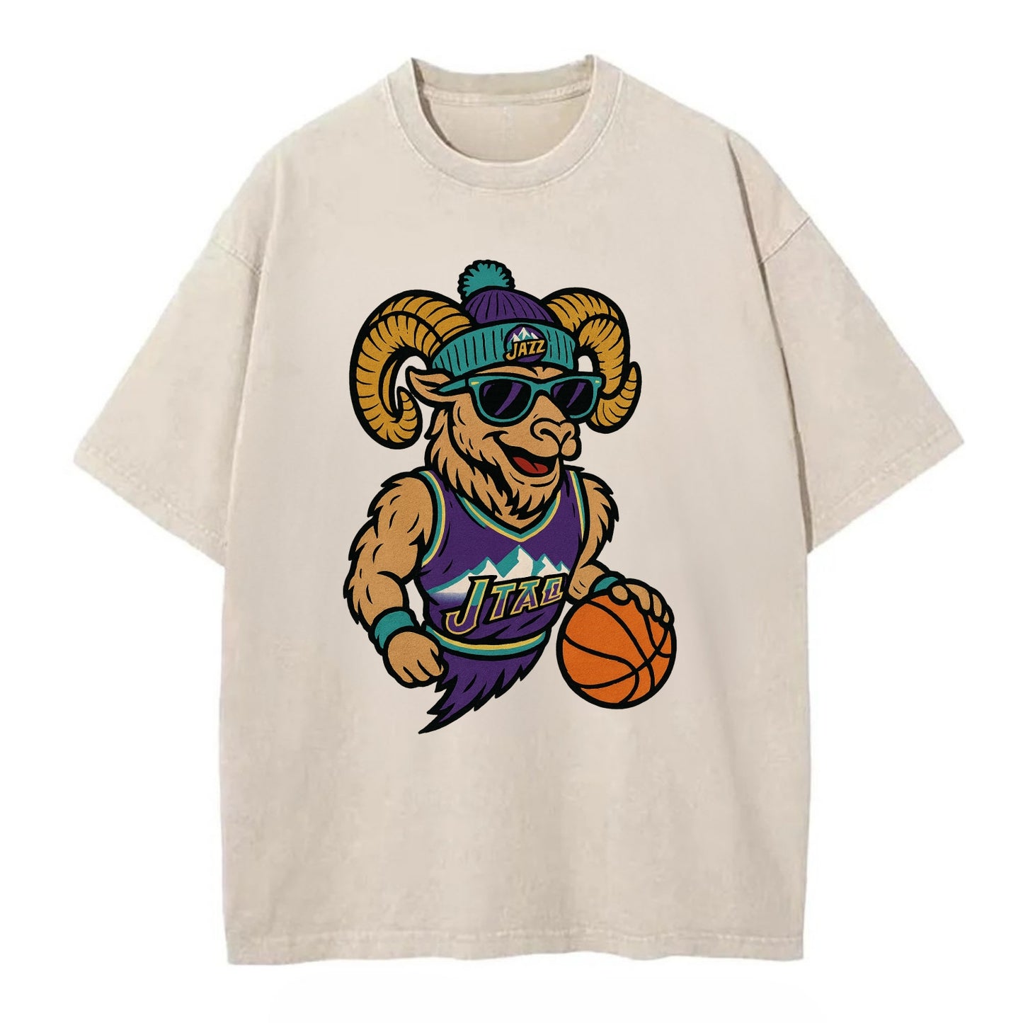 Utah Bighorn wearing Jazz beanie with mountain melody patch and wayfarer - Vintage T-shirt - Off White