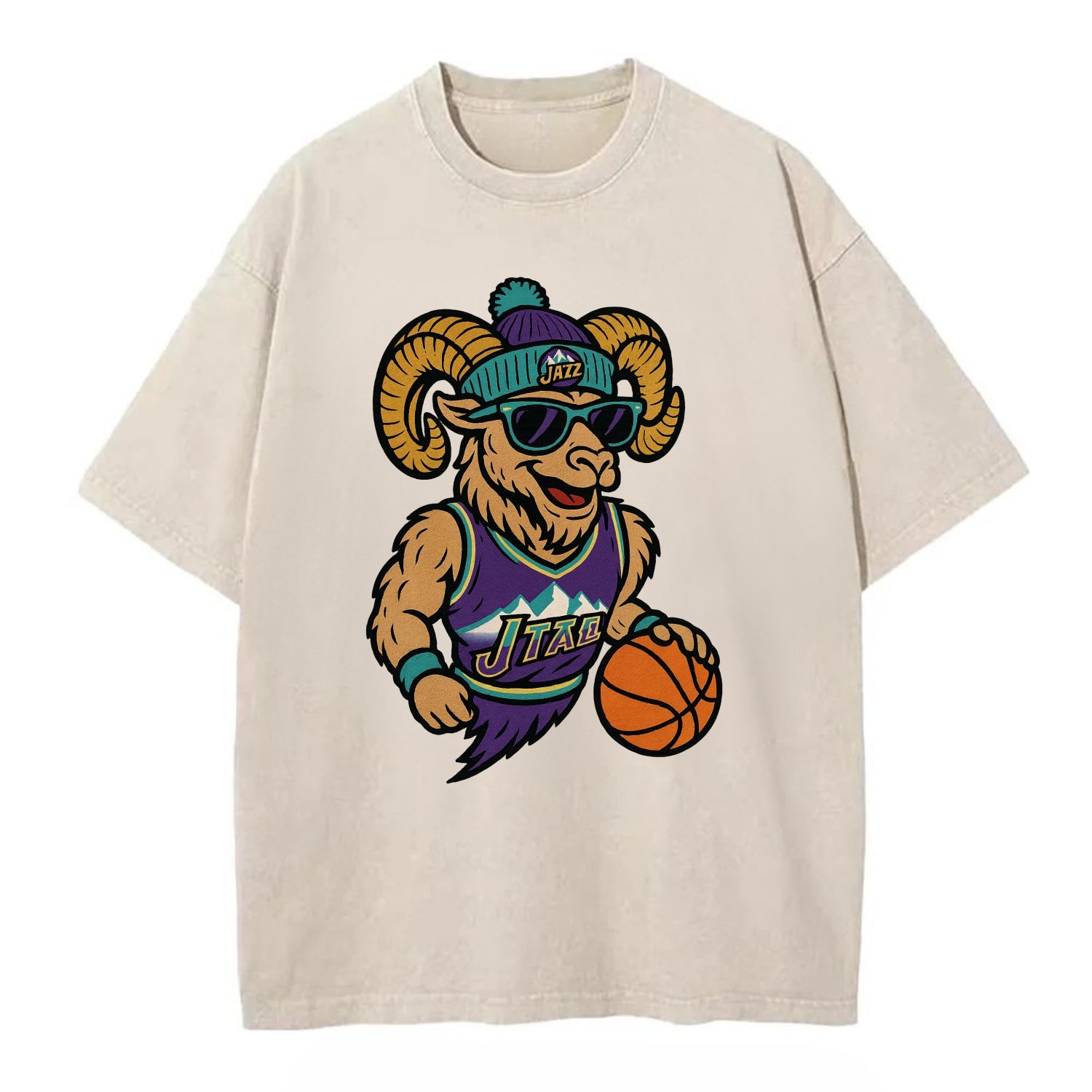 Utah Bighorn wearing Jazz beanie with mountain melody patch and wayfarer - Vintage T-shirt - Off White