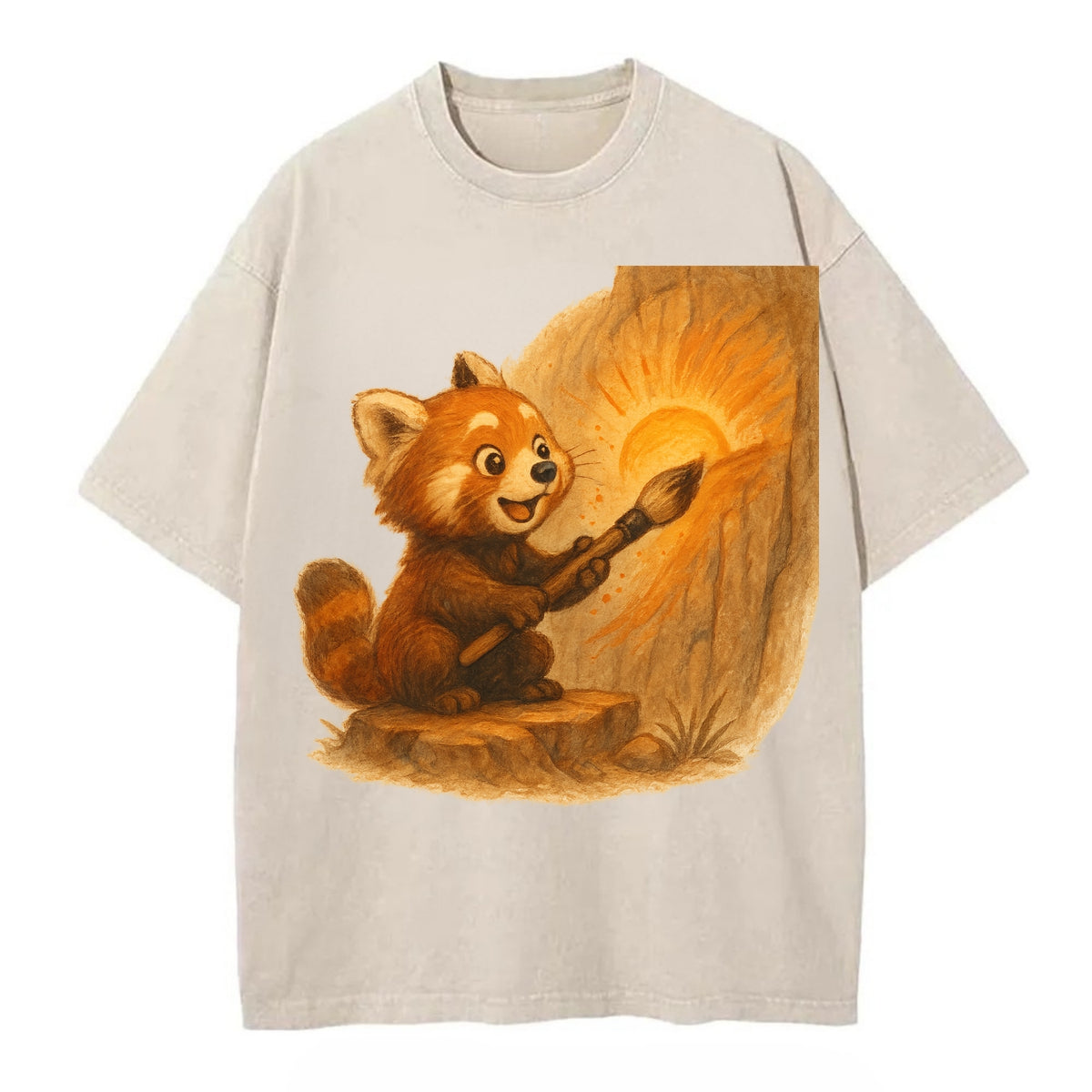 Red panda painting a sunrise mural with an oversized calligraphy brush on a cliff - Vintage T-shirt - Off White
