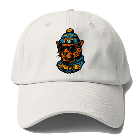 Baton Rouge Jaguar wearing Southern beanie with SU patch - Baseball Cap For Big Heads - Off White