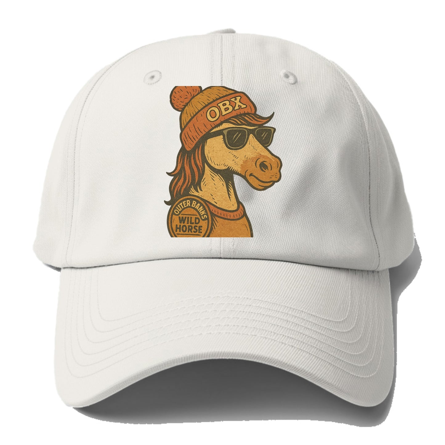 Outer Banks Wild Horse wearing OBX beanie with pom pom and wayfarer sunglasses - Baseball Cap - Off White