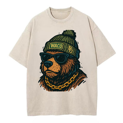 Waco Bear wearing Baylor beanie with BU patch - Vintage T-shirt - Off White