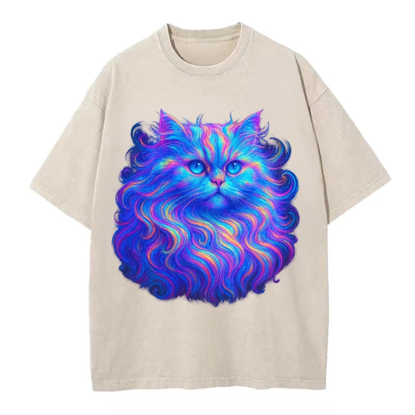 Luxurious Persian cat with flowing fur that refracts into rainbow prisms, soft - Vintage T-shirt - Off White