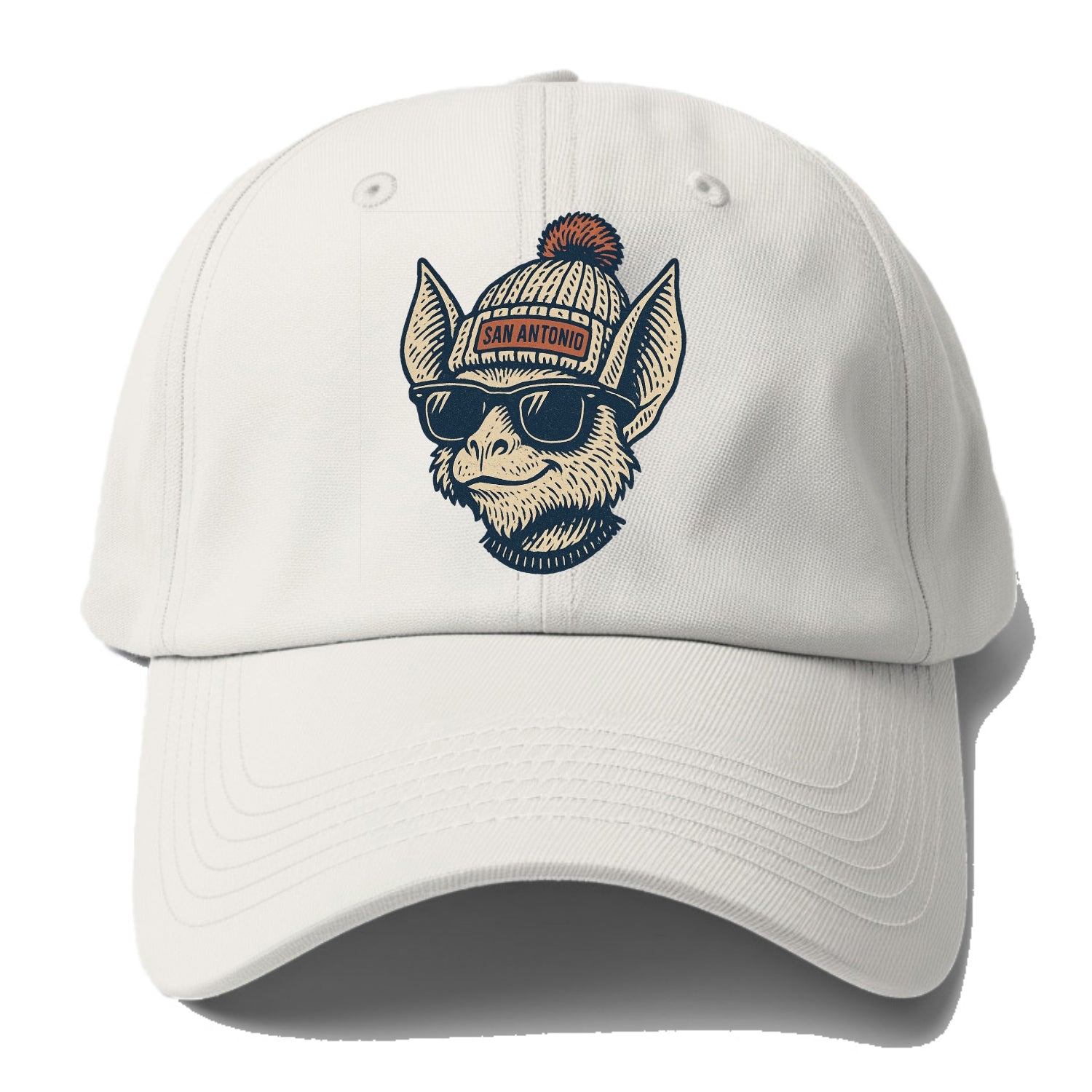 San Antonio Bat wearing San Antonio beanie with pom pom and wayfarer sunglasses - Baseball Cap - Off White