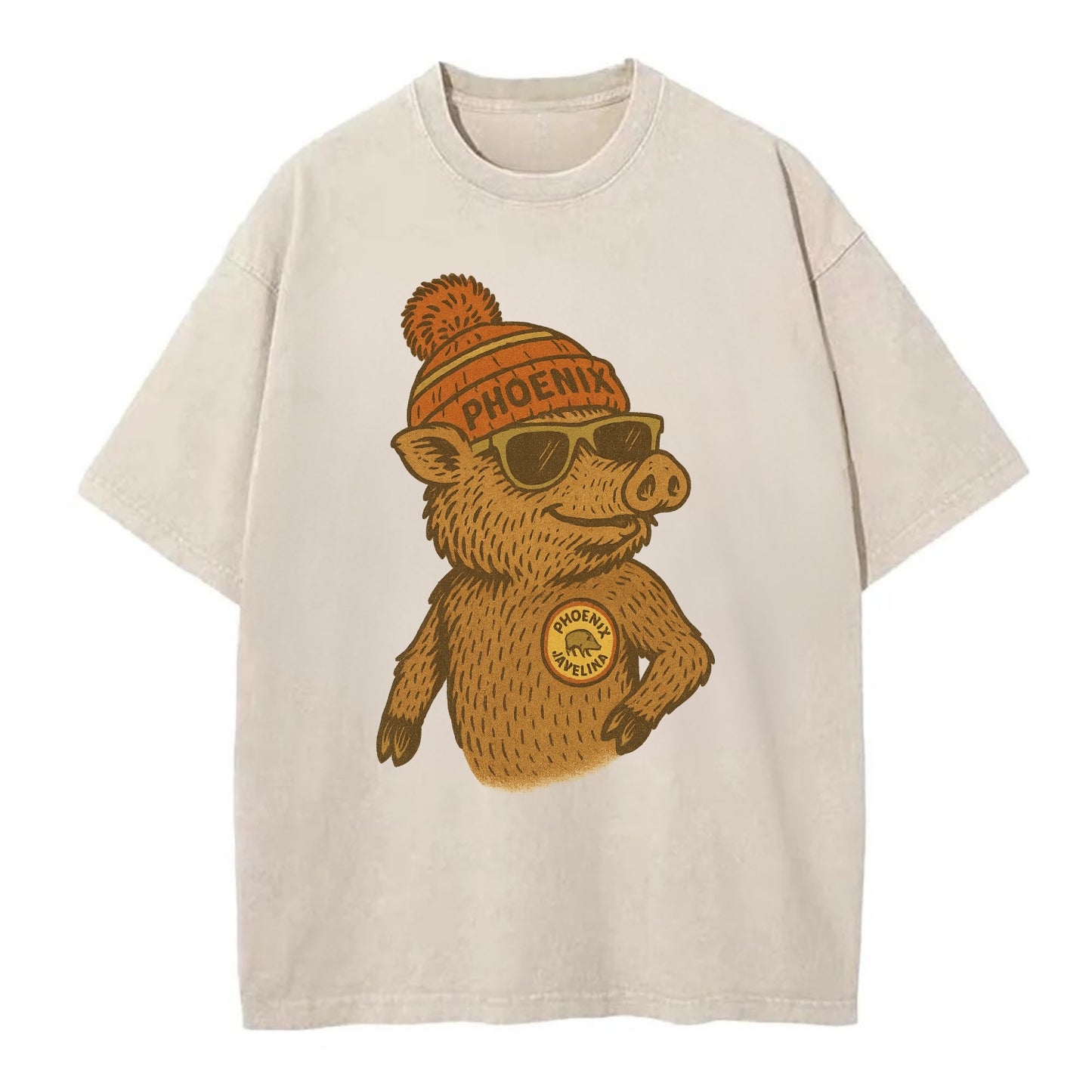Phoenix Javelina wearing Phoenix beanie with pom pom and wayfarer sunglasses - Vintage T-shirt - Off White