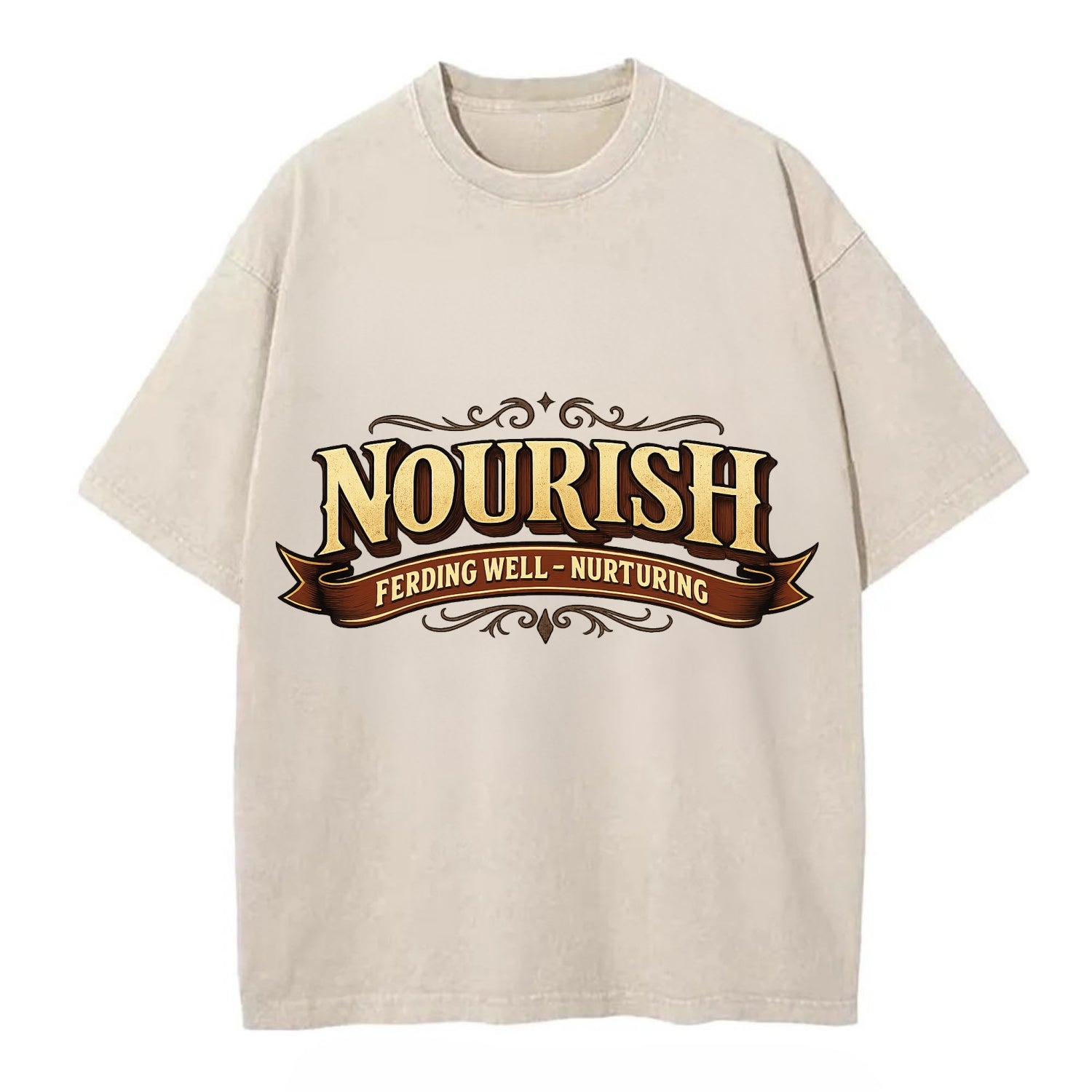 Bold typography design - "NOURISH" - feeding well, nurturing - Vintage T-shirt - Off White