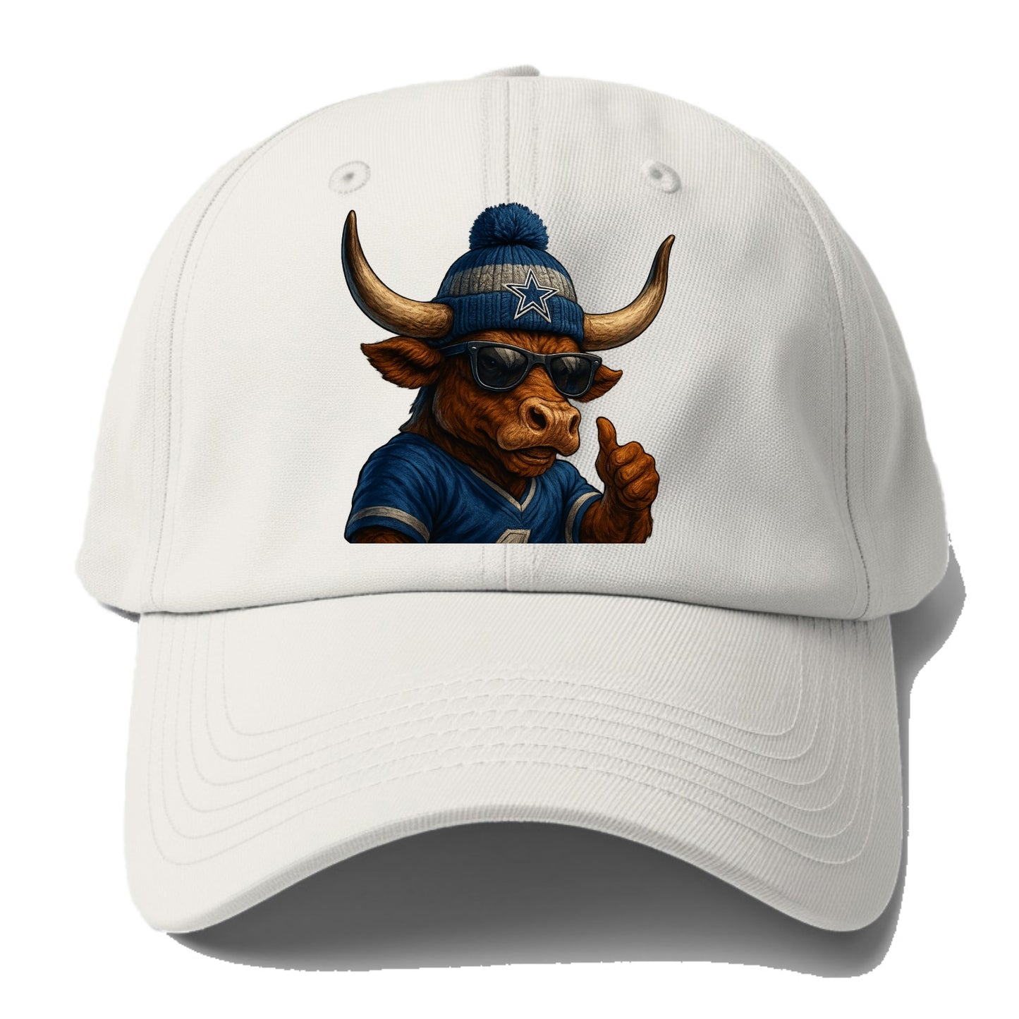 Texas Longhorn wearing Cowboys silver and blue beanie with star and - Baseball Cap For Big Heads - Off White