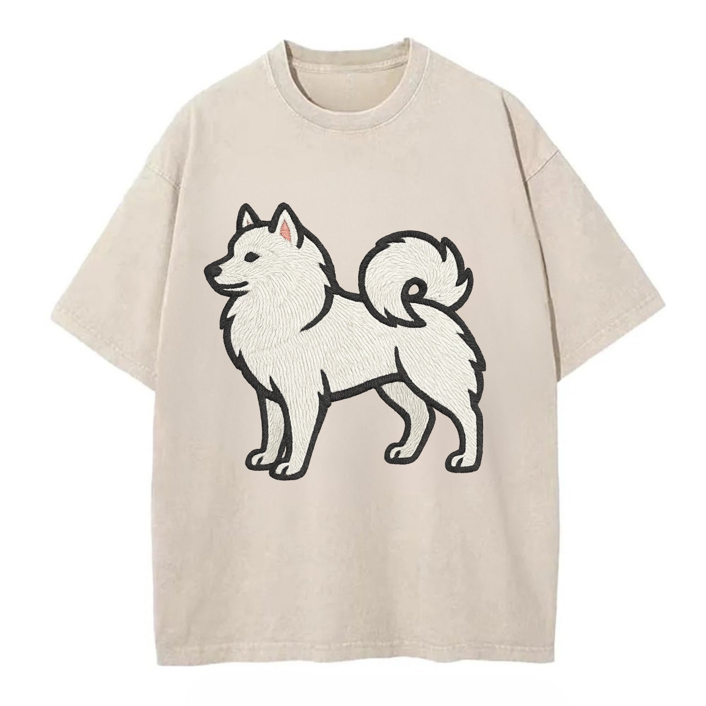 American Eskimo Dog - White spitz embroidered standing design - Vintage T-shirt - Off White